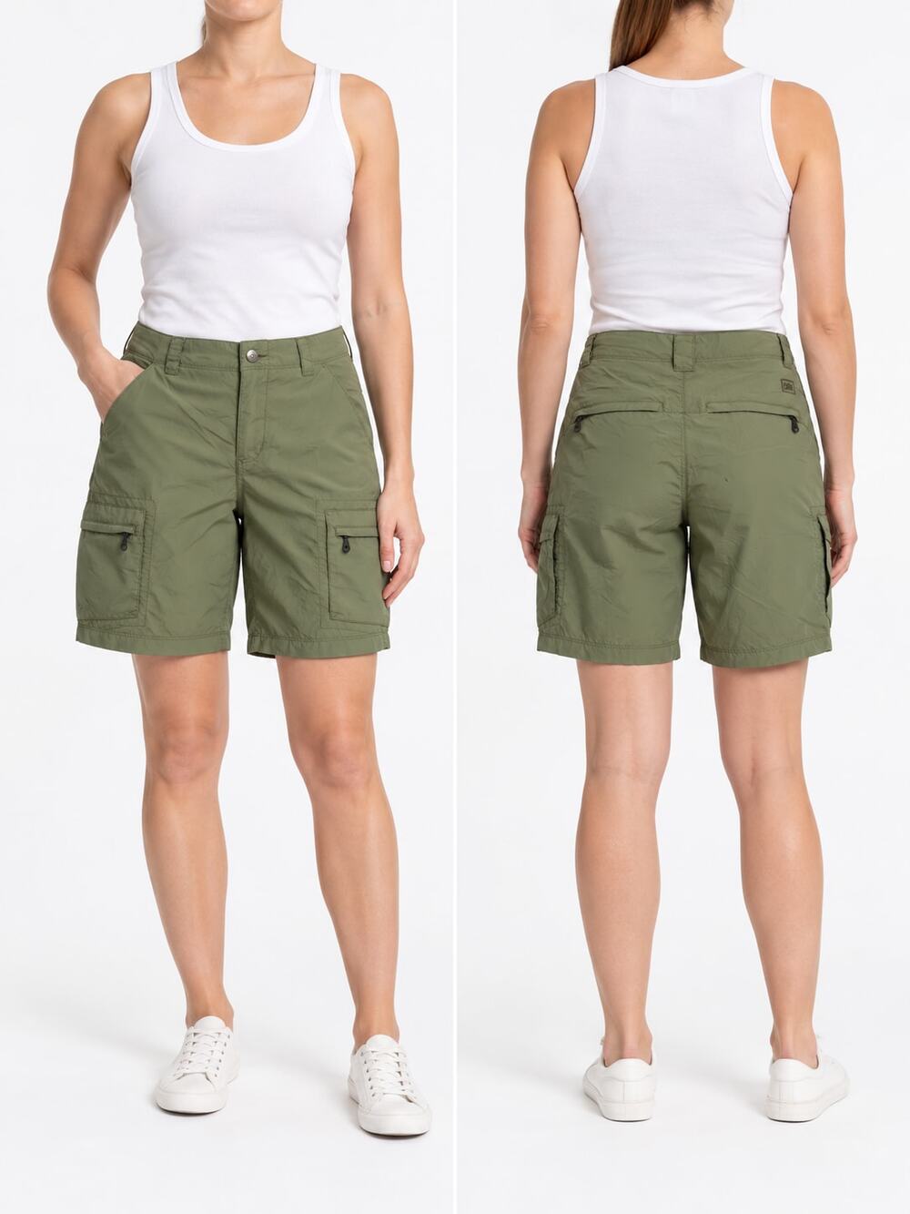 REI Sahara Cargo Shorts Women's 10 Olive Green 100% Nylon Hiking Utility UPF 50+